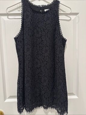 CAbi Black Lace Top with Scalloped Trim